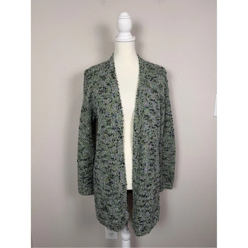 J. Jill Open Front Cardigan Sweater Green Speckled Knit Cozy Layer Women XS